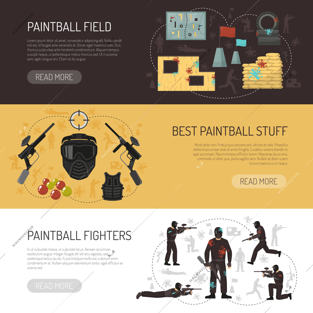 Paintball horizontal flat banners with players best stuff and field isolated vector illustration