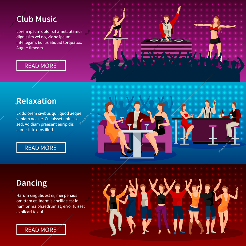 Nightlife entertainment best dance club webpage 3 flat banners design with strip musical show isolated vector illustration