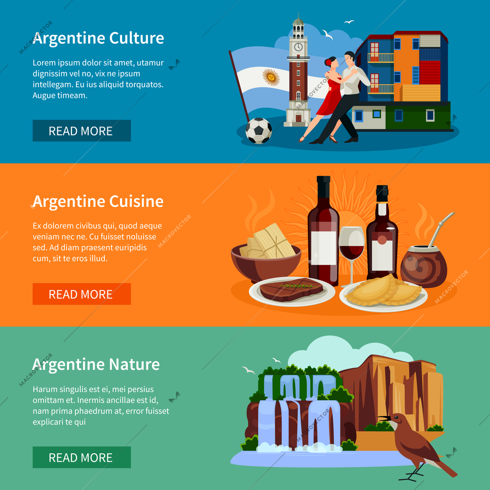 Argentina top tourists attractions 3 flat horizontal banners webpage design with landmarks food and culture isolated vector illustration