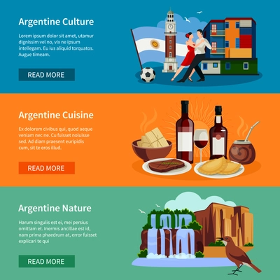 Argentina top tourists attractions 3 flat horizontal banners webpage design with landmarks food and culture isolated vector illustration