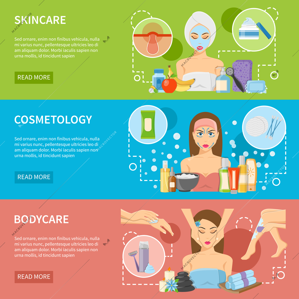 Cosmetology and spa procedures horizontal banners with skincare and bodycare design compositions flat vector illustration