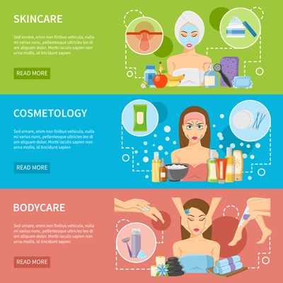 Cosmetology and spa procedures horizontal banners with skincare and bodycare design compositions flat vector illustration