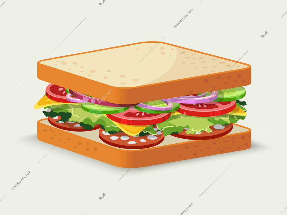 Salami sandwich food emblem with tomato salad cucumber onion cheese isolated vector illustration