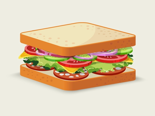 Salami sandwich food emblem with tomato salad cucumber onion cheese isolated vector illustration