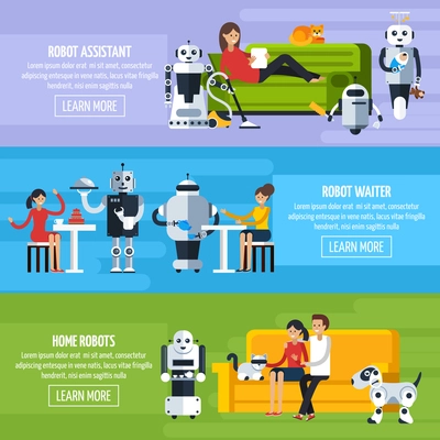 Artificial intelligence horizontal banners with robots helping people in different situations in flat style vector illustration