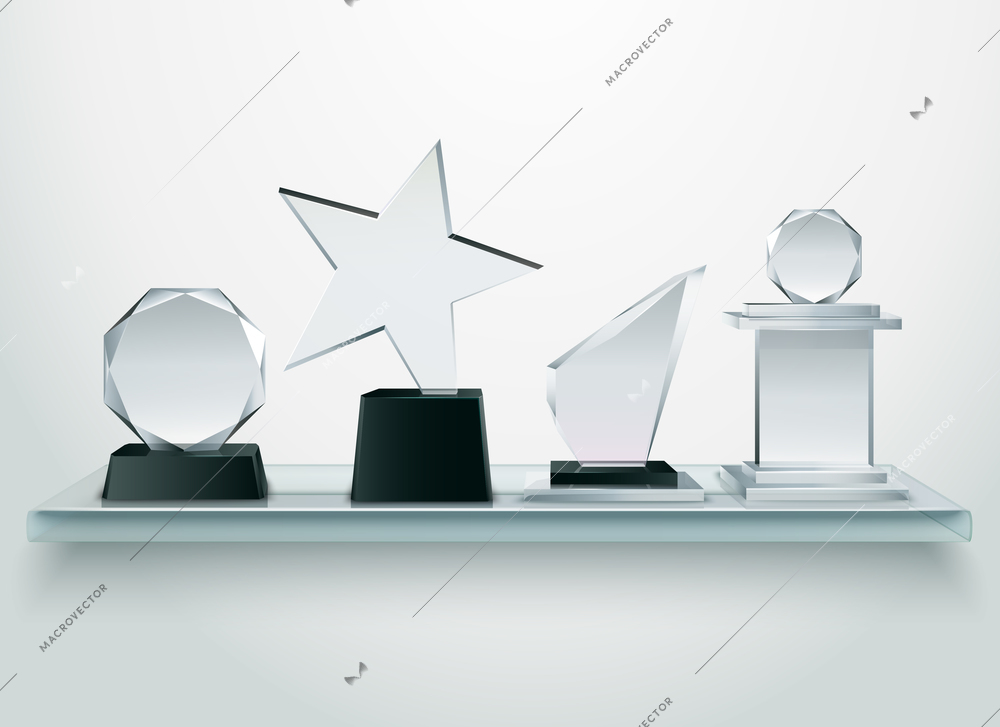Challenge and sport competitions winners prizes glass trophies collection on shelf realistic image side view vector illustration