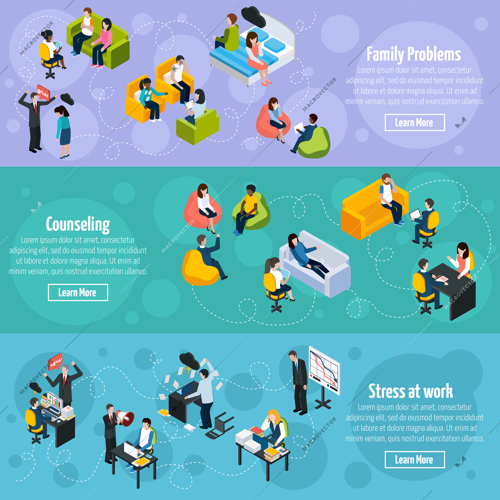 Depression and stress isometric horizontal banners with stressful situations at home and work treatment therapy vector illustration