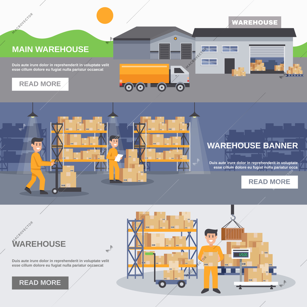 Warehouse inside and outside horizontal banners with workers trucks and goods flat vector illustration