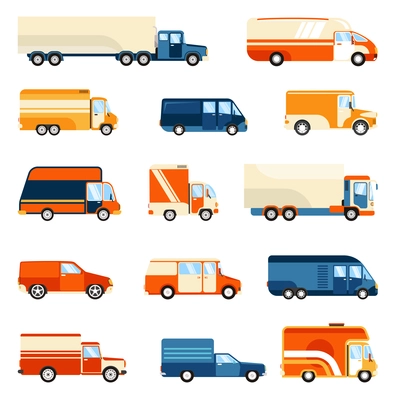 Colorful delivery trucks of different size set isolated on white background flat vector illustration