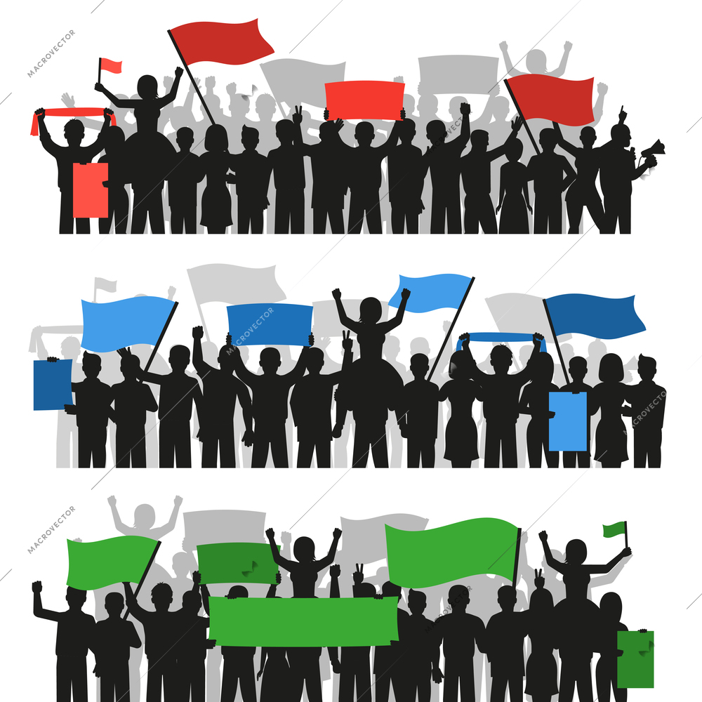 Three horizontal flat banners with crowds of monochrome protesting people silhouettes holding colorful flags isolated vector illustration