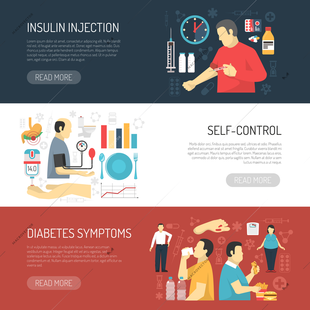 Diabetes horizontal banners set with decorative icons compositions explaining disease symptoms insulin injection and self control flat vector illustration