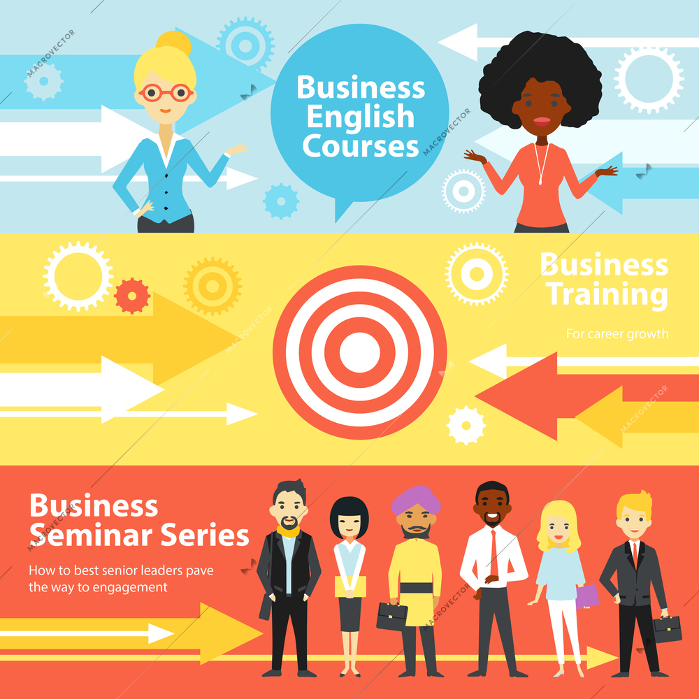 Business training horizontal banners set with people visiting english courses and business seminars flat vector illustration