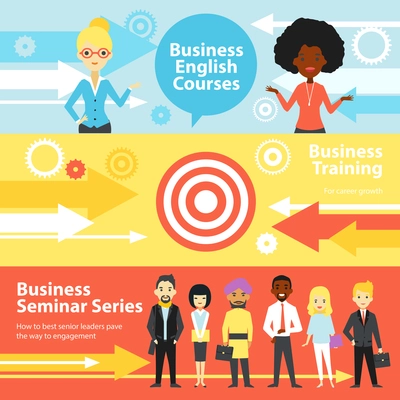 Business training horizontal banners set with people visiting english courses and business seminars flat vector illustration