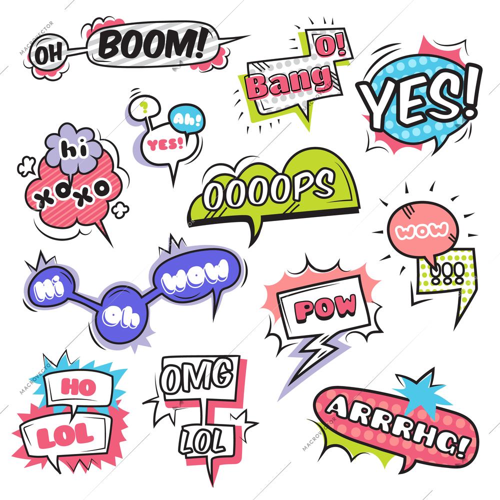 Comic speech bubbles set with emotions symbols flat isolated vector illustration