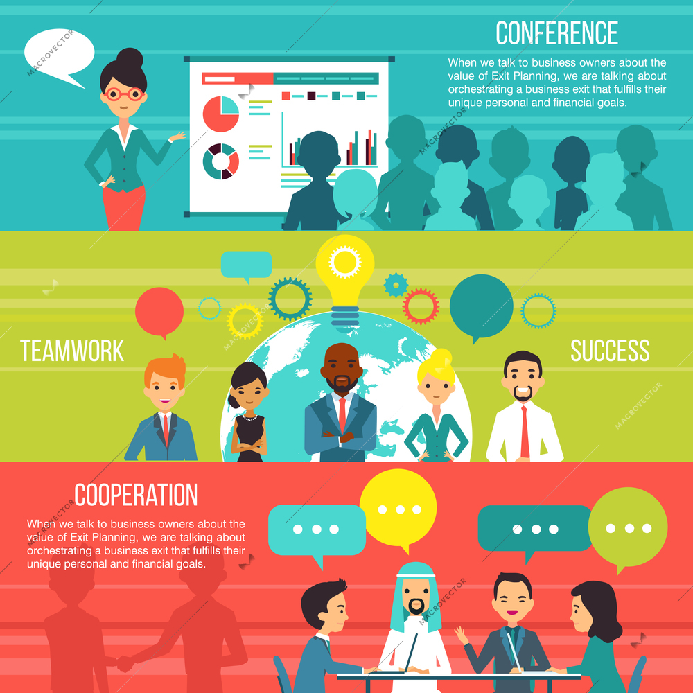 Business people horizontal banners with multi ethnic teams cooperation and business conference design compositions flat vector illustration