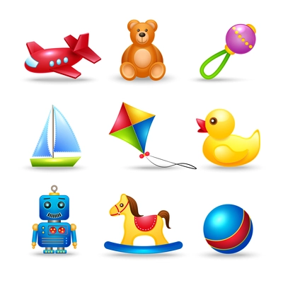 Decorative children toys icons set of airplane teddy bear rattle boat isolated vector illustration