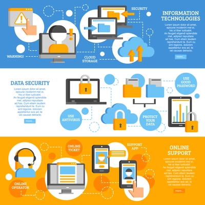 Information technologies flat horizontal banners with icons showing scheme of data protection and applications online support  vector illustration