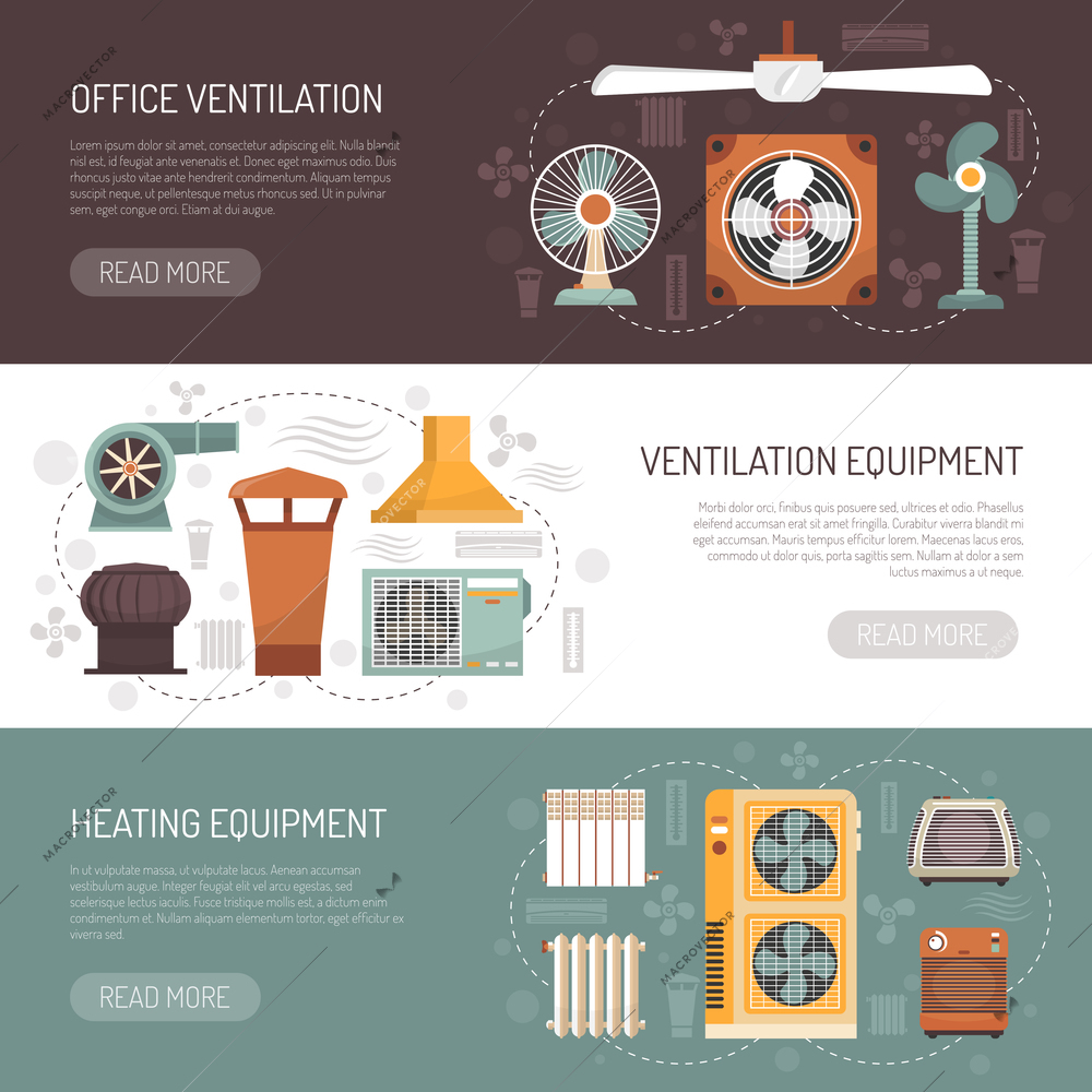 Colorful ventilation conditioning and heating equipment for office and home flat banners isolated vector illustration