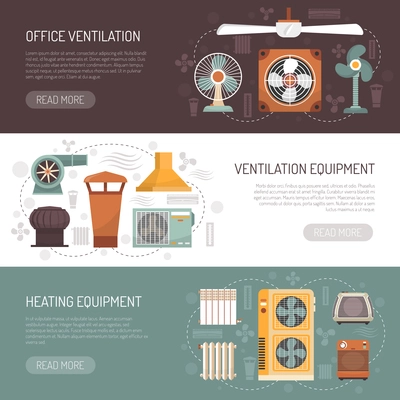 Colorful ventilation conditioning and heating equipment for office and home flat banners isolated vector illustration