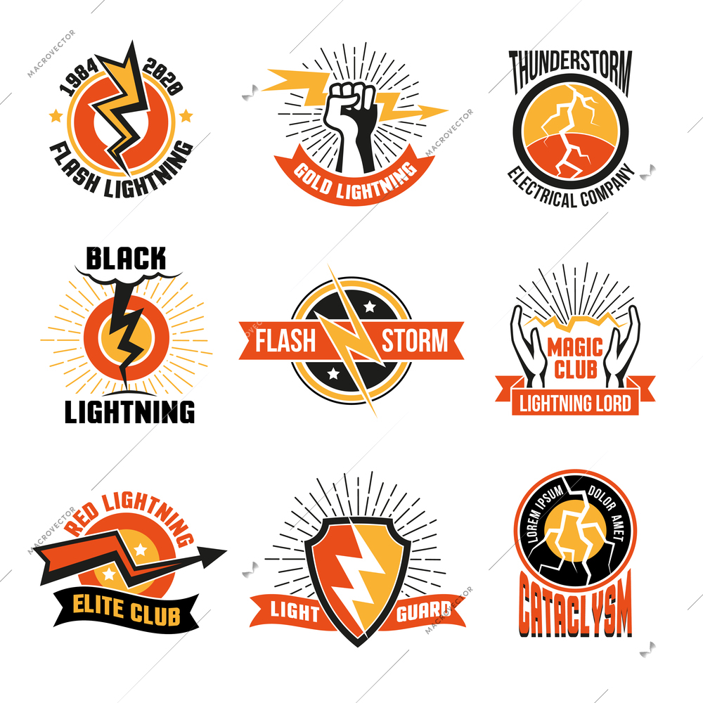 Colorful logos and emblems with lightnings set for clubs and electrical companies flat isolated vector illustration