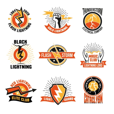 Colorful logos and emblems with lightnings set for clubs and electrical companies flat isolated vector illustration