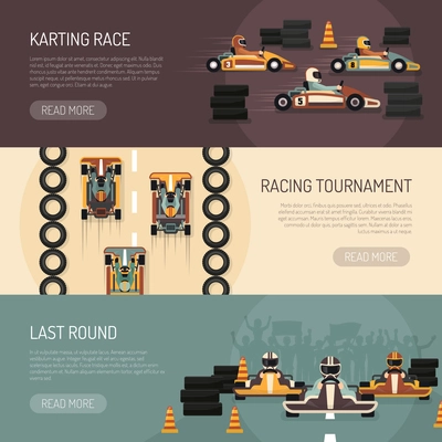 Three horizontal motor race banners presenting karting tournament flat isolated vector illustration