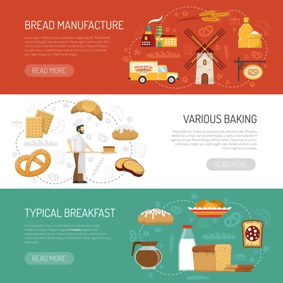 Horizontal bakery banners presenting bread manufacture process and typical breakfast flat isolated vector illustration