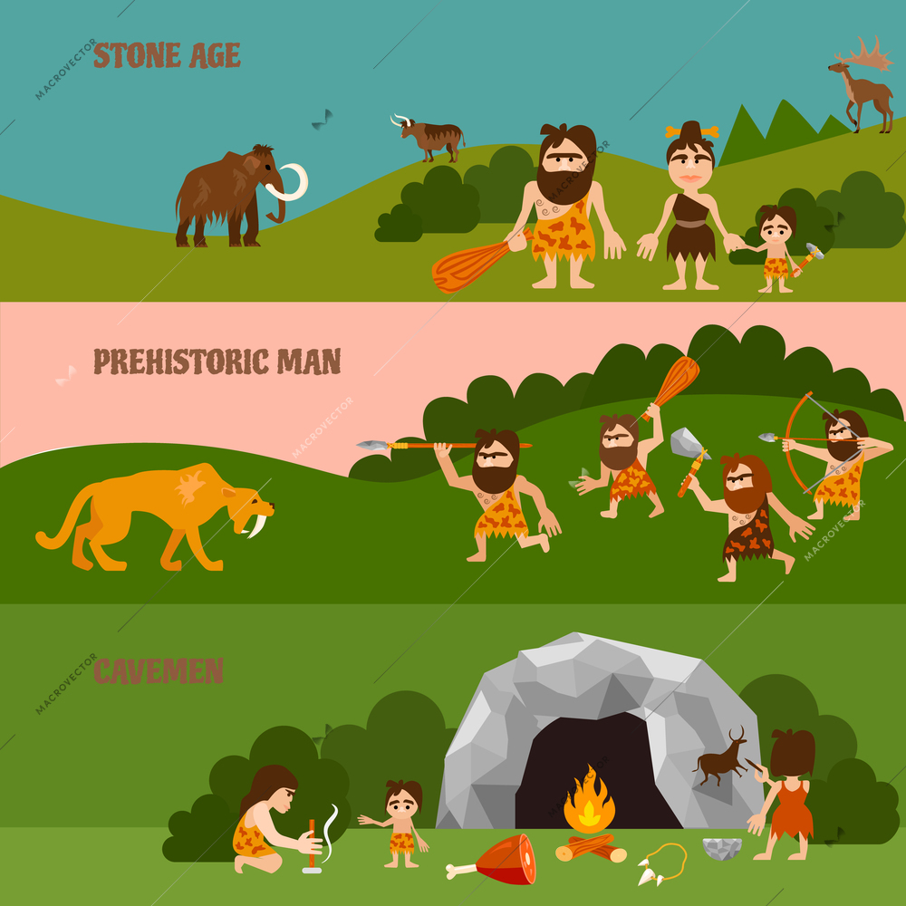 Stone age horizontal banners with hunting  cavemen cave tribe bonfire and animals in flat style vector illustration