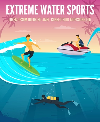 Extreme water sports flat composition tropical vacation poster with underwater snorkeling scuba flinsmimming and waterboarding vector illustration