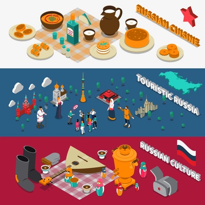 Russian culture symbols and cuisine isometric touristic colorful horizontal banners isolated vector illustration