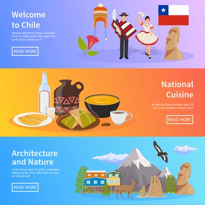 Chile colored horizontal banners set with elements of national symbols landmarks nature and cuisine flat vector illustration