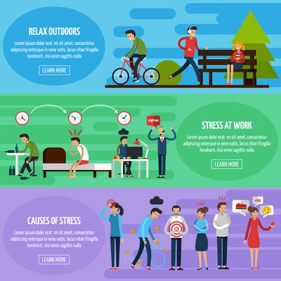 Stress and relax horizontal banners with people in stressful situations and methods of relaxation vector illustration