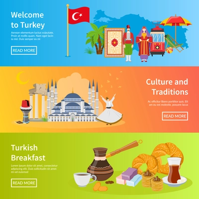 Turkey flat horizontal banners set of  traditional cultural values and turkish breakfast icons compositions flat vector illustration