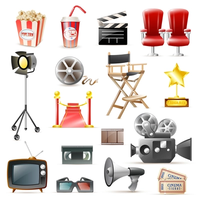 Retro cinema film making and movies festivals  accessories icons set with camera loudspeaker clapper isolated vector illustration