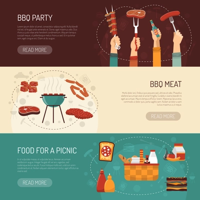 Barbecue party horizontal banners with food kit for picnic and grilled meat assortment flat vector illustration