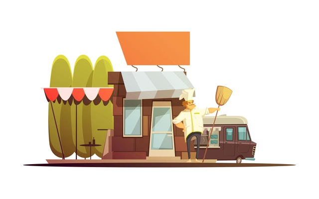 Local store building with owner trees and van cartoon vector illustration