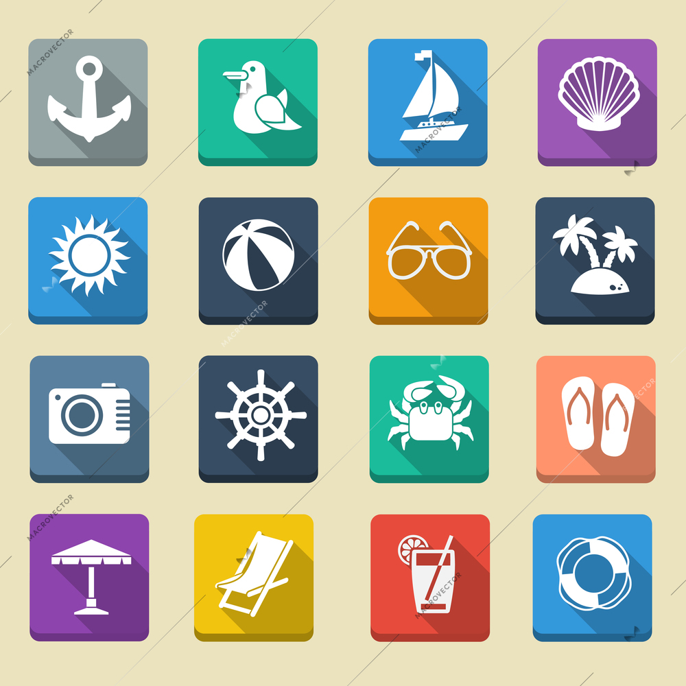 Summer sea vacation icons set with lifesaver cocktail sunshade sun chair photo camera isolated vector illustration