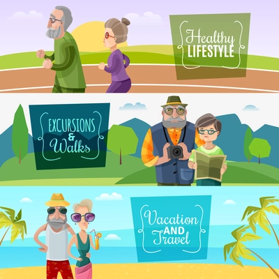 Old couple horizontal banners with sports traveling and journey activities in cartoon style vector illustration