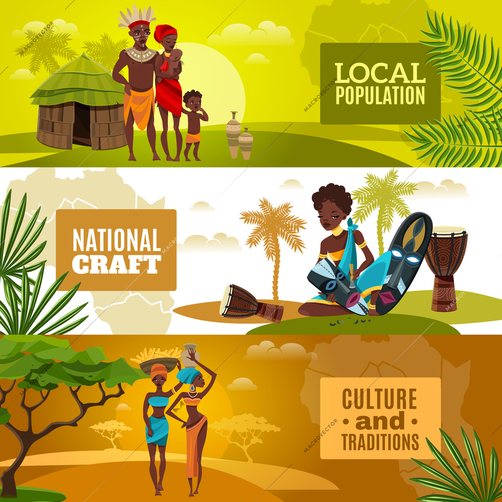 African ethnic culture traditional clothing arts and crafts 3 flat horizontal natural background banners isolated vector illustration