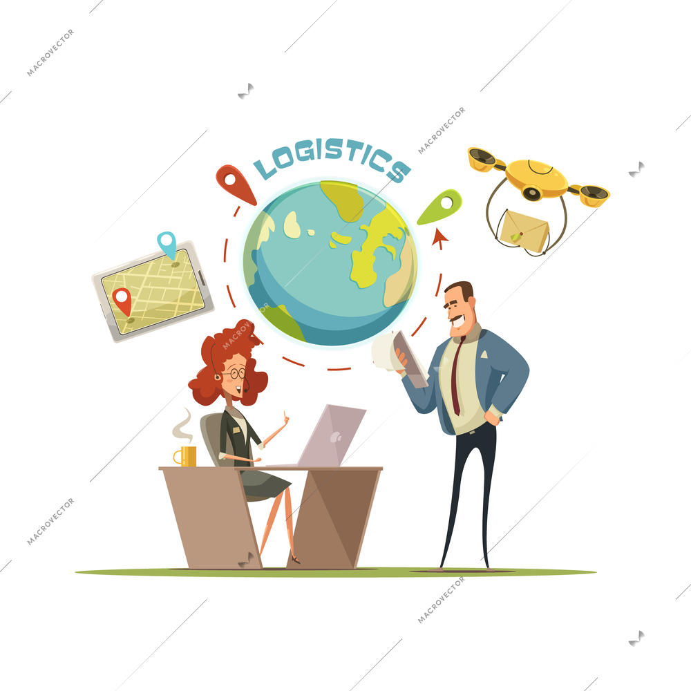 Logistics and delivery retro cartoon concept with globe and transportation symbols vector illustration