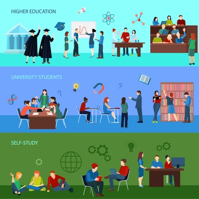 University horizontal banners with students learning teaching research and graduation in flat style vector illustration