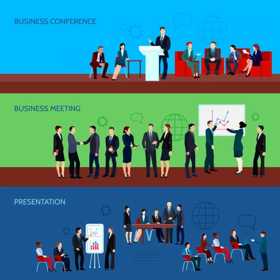 Conference horizontal banners with business people presented on different types of meetings vector illustration