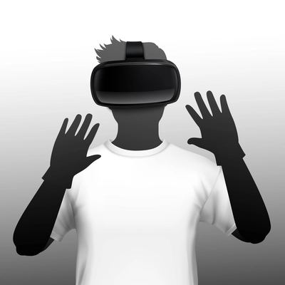 Young man wearing virtual and augmented reality simulation headset and gloves black white silhouette front view  vector illustration