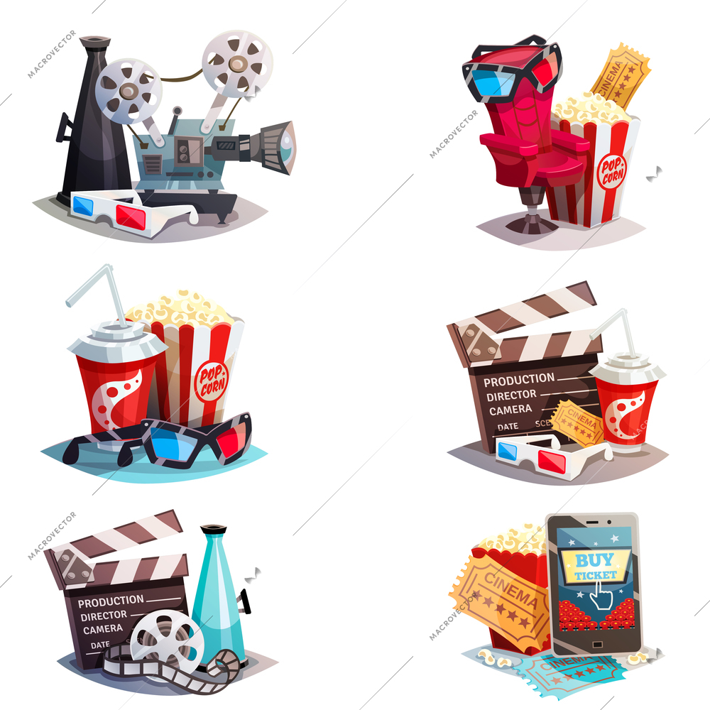 Set of 3d cartoon cinema design concepts with elements of cinematography equipment and viewers accessories  isolated vector illustration