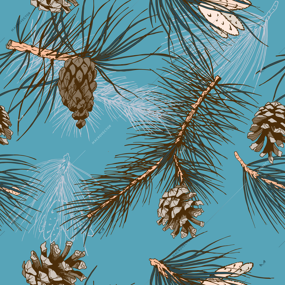 Colored pine branches and winter forest cones seamless wallpaper vector illustration