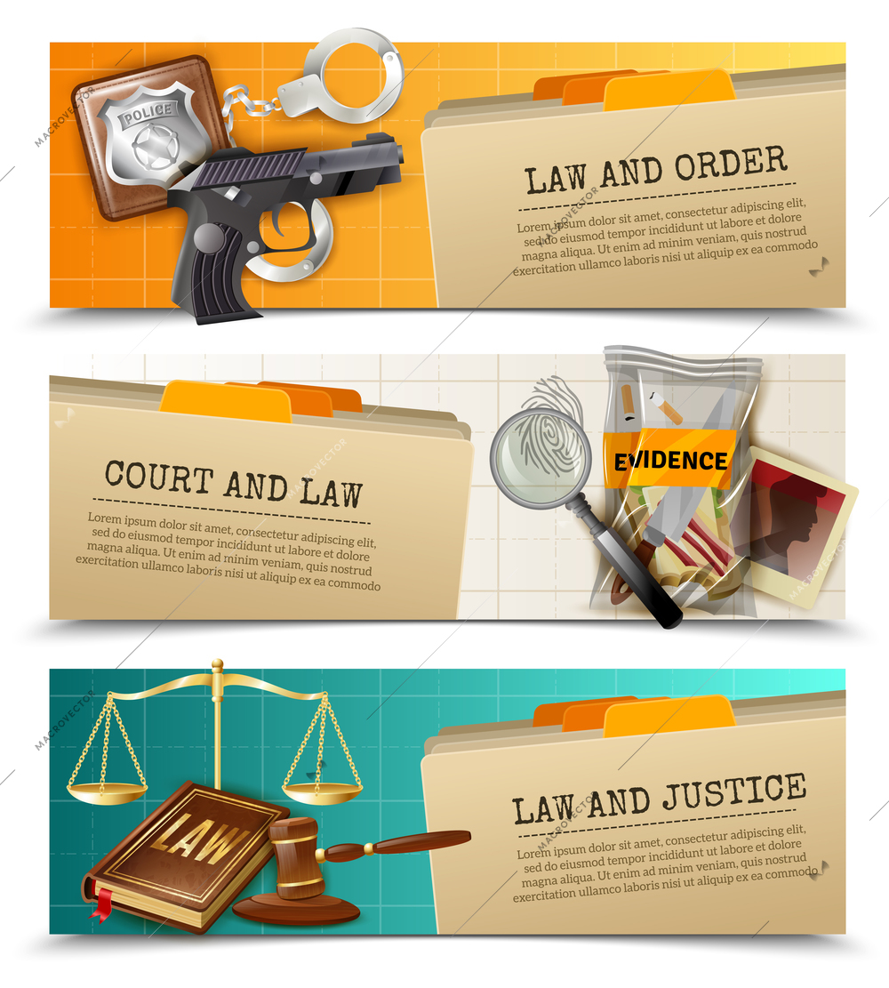 Criminal and civil law order justice 3 horizontal bookmarks banners set with balance and gavel isolated vector illustration