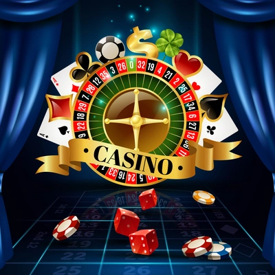 Casino night games roulette wheel circle composition with four-leaf clover luck symbol background poster vector illustration