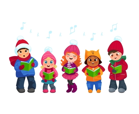 Cute little kids going Christmas caroling flat vector illustration