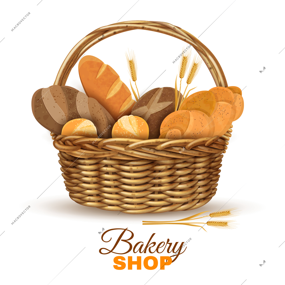 Bakery shop display traditional willow wicker basket with handle full with fresh bred realistic poster vector illustration