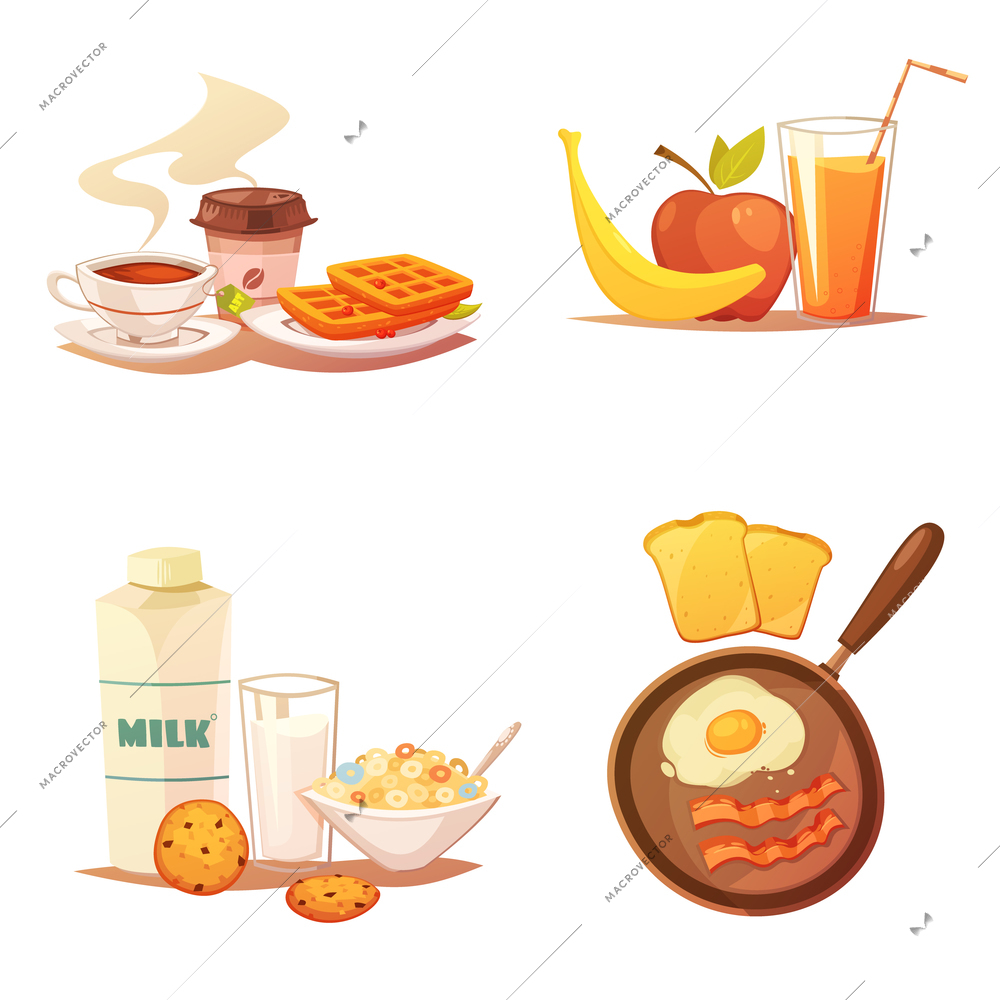 Four colored icons compositions on white background with different kits of food products for breakfast flat vector illustration